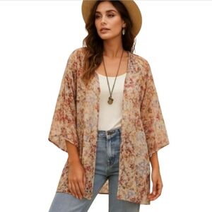 Boho Floral Sheer Kimono Cardigan Open Front Lightweight Layering Top Size 14